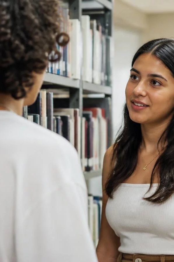 Duas participantes de pé conversando no corredor entre prateleiras de livros