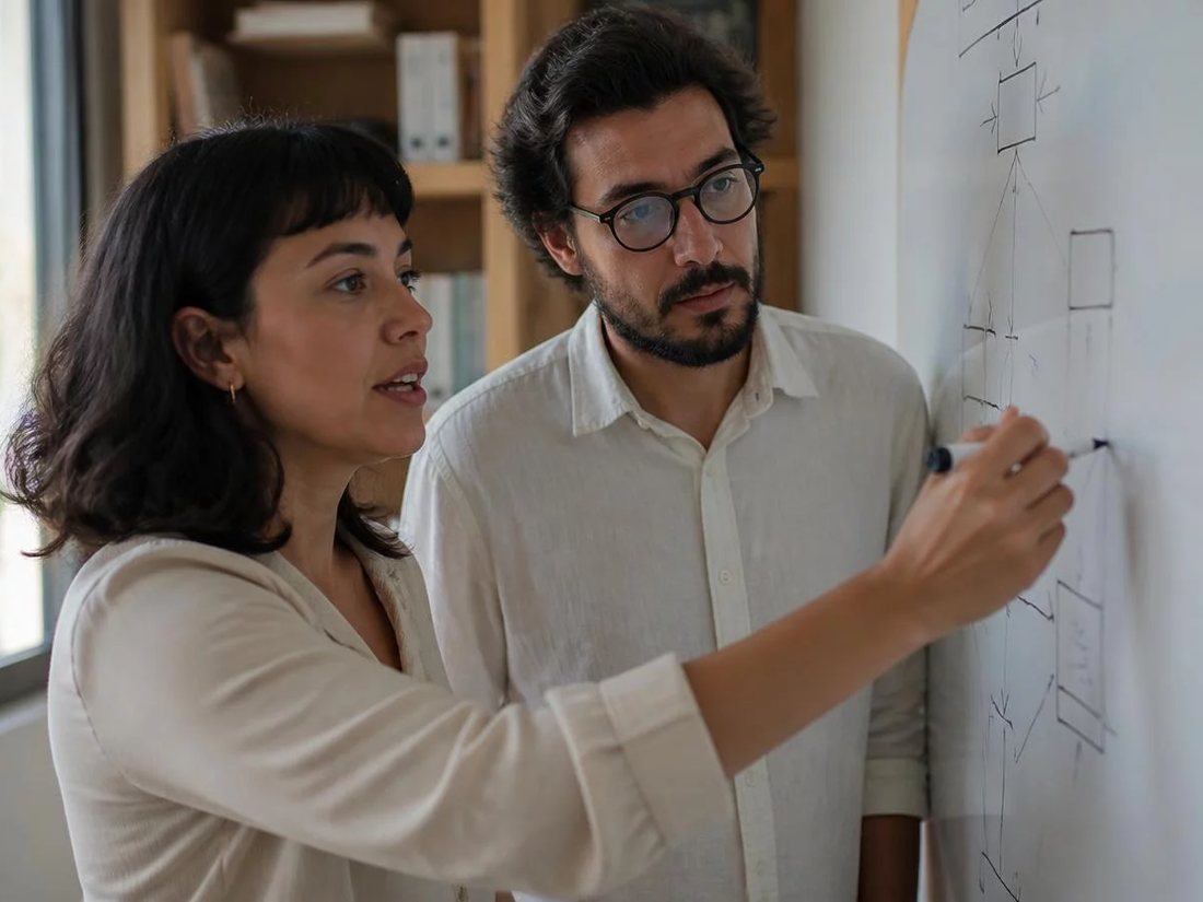 Duas pessoas diante do quadro branco com a armação de um argumento rabiscada